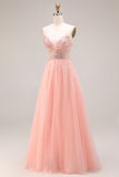 Watermelon A Line Sparkly Beaded Corset Spaghetti Straps Long Prom Dress