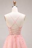 Watermelon A Line Sparkly Beaded Corset Spaghetti Straps Long Prom Dress