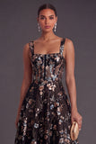 Sparkly Pink Sequined Corset A Line Floral Long Gala Dress