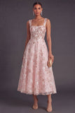 Sparkly Pink Sequined Corset A Line Floral Long Gala Dress