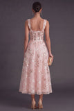 Sparkly Pink Sequined Corset A Line Floral Long Gala Dress