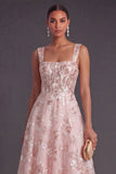 Sparkly Pink Sequined Corset A Line Floral Long Gala Dress