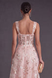 Sparkly Pink Sequined Corset A Line Floral Long Gala Dress