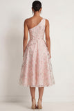 Sparkly Pink Sequined One Shoulder Appliqued Floral A Line Maxi Prom Dress