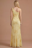 Yellow Mermaid Floral One Shoulder Long Formal Dress with Slit