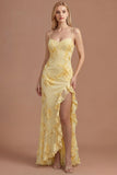 Yellow Mermaid Floral Spaghetti Straps Ruffled Long Formal Dress with Slit