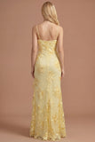 Yellow Mermaid Floral Spaghetti Straps Ruffled Long Formal Dress with Slit