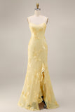 Yellow Mermaid Floral Spaghetti Straps Ruffled Long Formal Dress with Slit