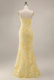 Yellow Mermaid Floral Spaghetti Straps Ruffled Long Formal Dress with Slit