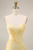 Yellow Mermaid Floral Spaghetti Straps Ruffled Long Formal Dress with Slit