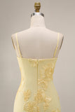 Yellow Mermaid Floral Spaghetti Straps Ruffled Long Formal Dress with Slit