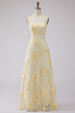 Yellow Floral Spaghetti Straps Appliqued Long Formal Dress