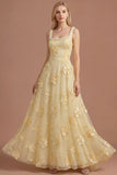 Sparkly Beaded Yellow A Line Square Neck Floral Appliqued Long Prom Dress