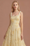 Sparkly Beaded Yellow A Line Square Neck Floral Appliqued Long Prom Dress