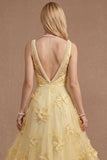 Sparkly Beaded Yellow A Line Square Neck Floral Appliqued Long Prom Dress
