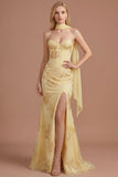 Yellow Floral Embroidered Mermaid Corset Long Prom Dress with Slit