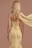 Yellow Floral Embroidered Mermaid Corset Long Prom Dress with Slit