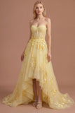 Yellow Floral Appliqued Corset A Line High Low Prom Dress