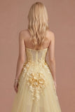 Yellow Floral Appliqued Corset A Line High Low Prom Dress
