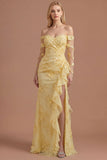 Yellow Floral Appliqued Off the Shoulder Ruffled Long Prom Dress with Slit