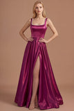 Burgundy A Line Square Neck Satin Long Prom Dress with Slit