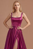 Burgundy A Line Square Neck Satin Long Prom Dress with Slit