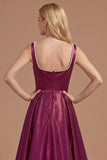 Burgundy A Line Square Neck Satin Long Prom Dress with Slit