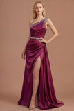 Burgundy Beaded Mermaid One Shoulder Ruched Long Prom Dress with Slit