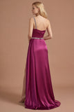 Burgundy Beaded Mermaid One Shoulder Ruched Long Prom Dress with Slit