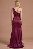 Mermaid Burgundy One Shoulder Ruched Long Prom Dress with Slit