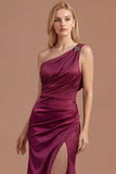 Mermaid Burgundy One Shoulder Ruched Long Prom Dress with Slit
