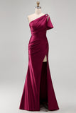 Mermaid Burgundy One Shoulder Ruched Long Prom Dress with Slit