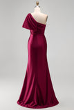 Mermaid Burgundy One Shoulder Ruched Long Prom Dress with Slit