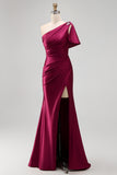 Mermaid Burgundy One Shoulder Ruched Long Prom Dress with Slit