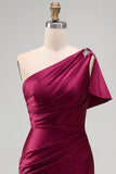 Mermaid Burgundy One Shoulder Ruched Long Prom Dress with Slit
