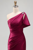 Mermaid Burgundy One Shoulder Ruched Long Prom Dress with Slit