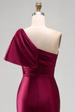Mermaid Burgundy One Shoulder Ruched Long Prom Dress with Slit