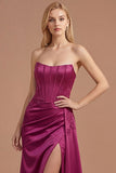 Burgundy Floral Corset Mermaid Strapless Long Prom Dress with Slit