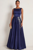 Navy Floral Round Neck Satin Appliqued Long Evening Dress