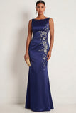 Navy Floral Round Neck Satin Mermaid Long Formal Dress