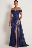 Navy Sparkly Beaded Mermaid Ruched Floral Corset Long Formal Dress with Slit