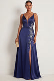 Navy A Line Spaghetti Straps Floral Appliqued Maxi Formal Dress with Slit