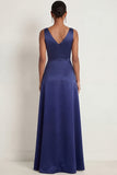 Navy A Line Spaghetti Straps Floral Appliqued Maxi Formal Dress with Slit