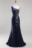 Satin Navy One Shoulder Mermaid Floral Appliqued Maxi Formal Dress with Slit