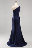 Satin Navy One Shoulder Mermaid Floral Appliqued Maxi Formal Dress with Slit
