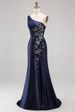 Satin Navy One Shoulder Mermaid Floral Appliqued Maxi Formal Dress with Slit