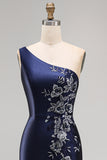 Satin Navy One Shoulder Mermaid Floral Appliqued Maxi Formal Dress with Slit