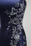 Satin Navy One Shoulder Mermaid Floral Appliqued Maxi Formal Dress with Slit