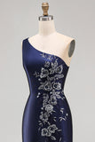 Satin Navy One Shoulder Mermaid Floral Appliqued Maxi Formal Dress with Slit