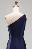 Satin Navy One Shoulder Mermaid Floral Appliqued Maxi Formal Dress with Slit